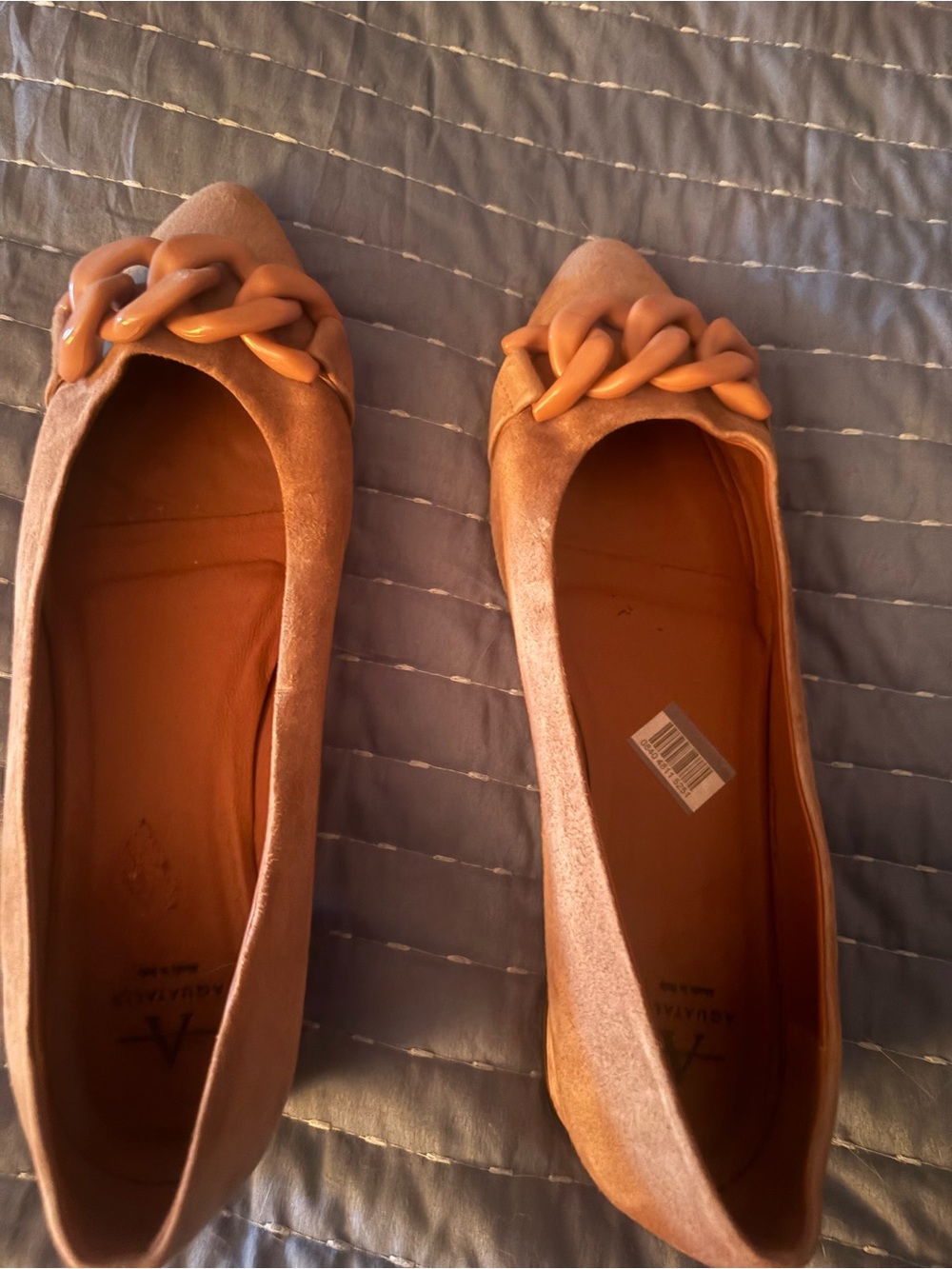 Aquatalia Tan Suede Pointed-Toe Chain-Trim Flats